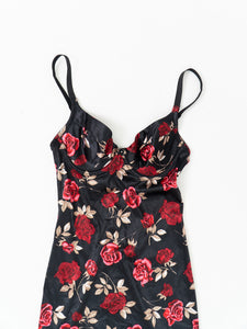 Vintage x Made in Canada x Black Rose Satin Bodycon Slip Dress (XS, S)