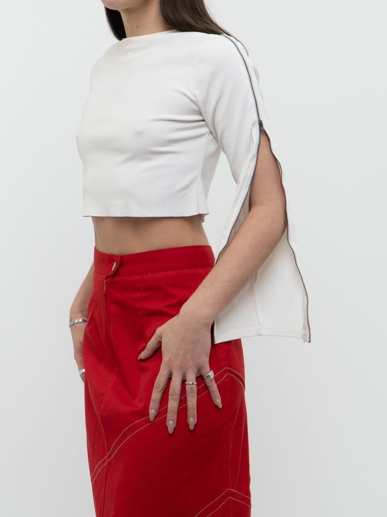 Vintage x White Zipper Long Sleeve Crop (XS-M)