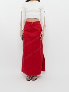 Vintage x Made in USA x Red Denim Stitched Maxi Skirt (M)