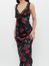 Load image into Gallery viewer, Vintage x Black Floral Satin, Lace Midi Dress (M)