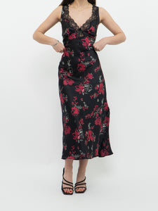 Vintage x Black Floral Satin, Lace Midi Dress (M)
