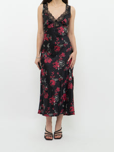 Vintage x Black Floral Satin, Lace Midi Dress (M)