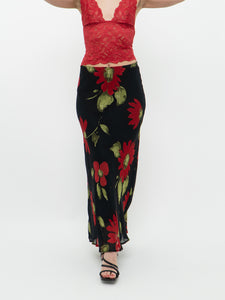 Vintage x Made in Italy x Black, Red Floral Maxi Skirt (L, XL)