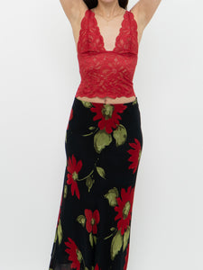 Vintage x Made in Italy x Black, Red Floral Maxi Skirt (L, XL)