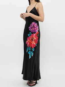 Vintage x La Senza Black Floral Satin Maxi Dress (XS, S)