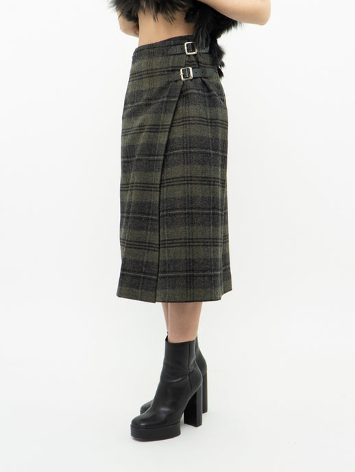 Vintage x Made in Scotland x Green, Grey Pure Wool Plaid Skirt (XS-M)