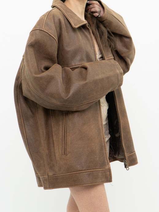 Vintage x Heavy Brown Faded Oversized Leather Jacket (S-XL)