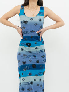 Vintage x Blue Striped Dragon Pattern Bodycon Dress (M)