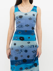 Vintage x Blue Striped Dragon Pattern Bodycon Dress (M)