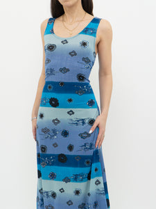 Vintage x Blue Striped Dragon Pattern Bodycon Dress (M)