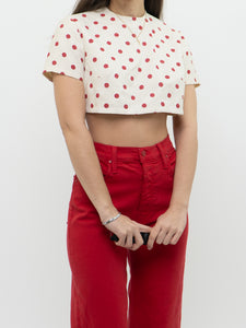 Vintage x Cream & Red Polka Dot Linen Crop Top (XS-M)