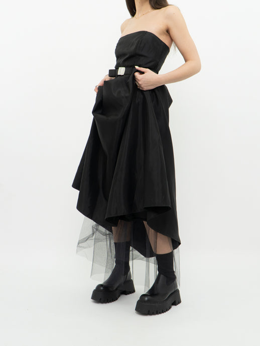 Vintage x Made in Canada x Strapless Black Peplum Rhinestone Belted Dress (XS, S)