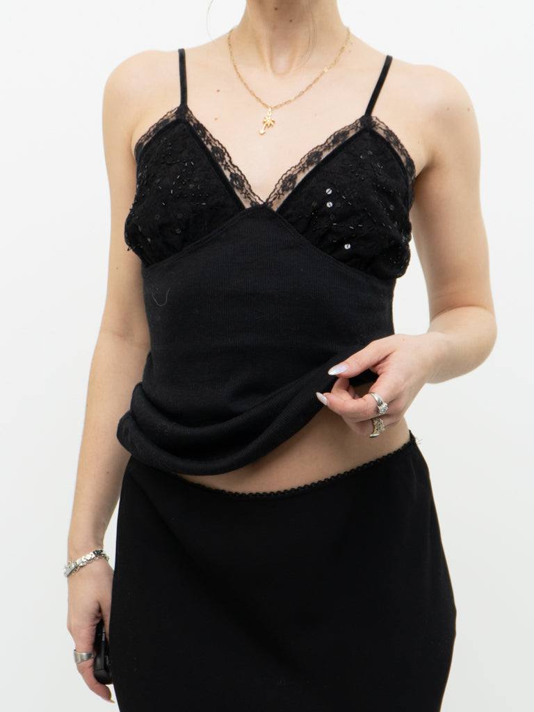 Vintage x Black Ribbed Sequin Tank (M, L)