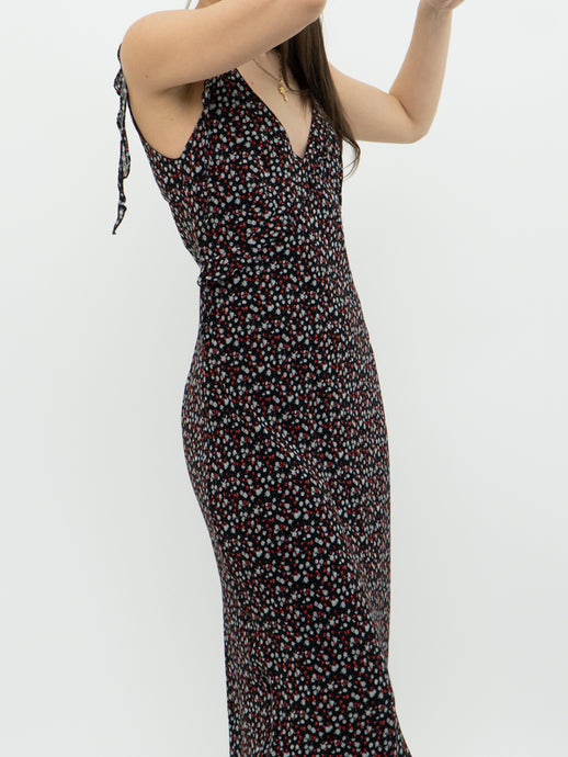 Vintage x Made in Brazil x Black, Red Floral Frilly Midi Dress (S)