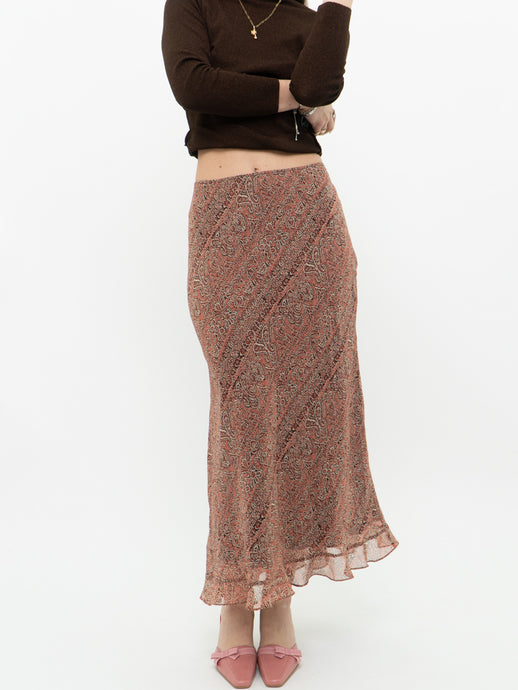 Vintage x Silk Coral, Brown Patterned Maxi Skirt (M-XL)