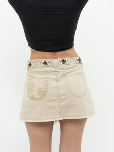 Vintage x Beige Fringe Belted Mini Skirt (M, L)