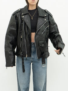 Vintage x Stitch Panelled Black Leather Biker Jacket (XS-L)