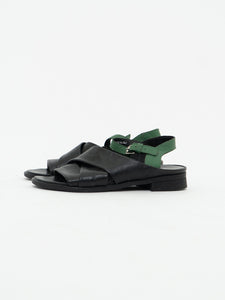 MJUS x Black, Green Leather Sandals (9, 9.5W)