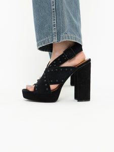 Modern x HALSTON x Black Suede Studded Platform Heels (9, 9.5)