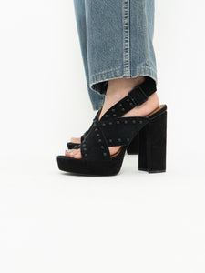 Modern x HALSTON x Black Suede Studded Platform Heels (9, 9.5)