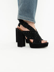 Modern x HALSTON x Black Suede Studded Platform Heels (9, 9.5)