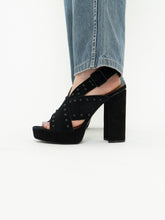 Load image into Gallery viewer, Modern x HALSTON x Black Suede Studded Platform Heels (9, 9.5)