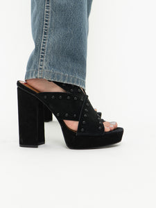 Modern x HALSTON x Black Suede Studded Platform Heels (9, 9.5)