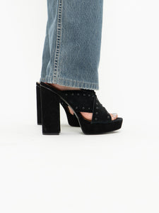 Modern x HALSTON x Black Suede Studded Platform Heels (9, 9.5)