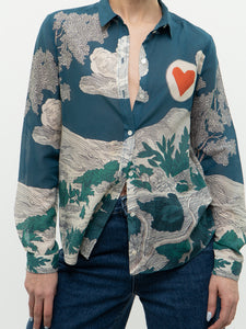 SEZANE x Teal Landscape Patterned Cotton Button-up (XS, S)
