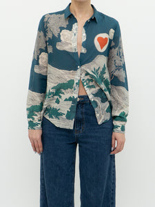 SEZANE x Teal Landscape Patterned Cotton Button-up (XS, S)