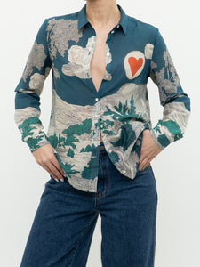 SEZANE x Teal Landscape Patterned Cotton Button-up (XS, S)