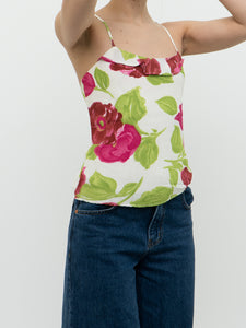 Vintage x Made in Brazil  x White, Pink & Green Floral Frilly Tank (XS, S)