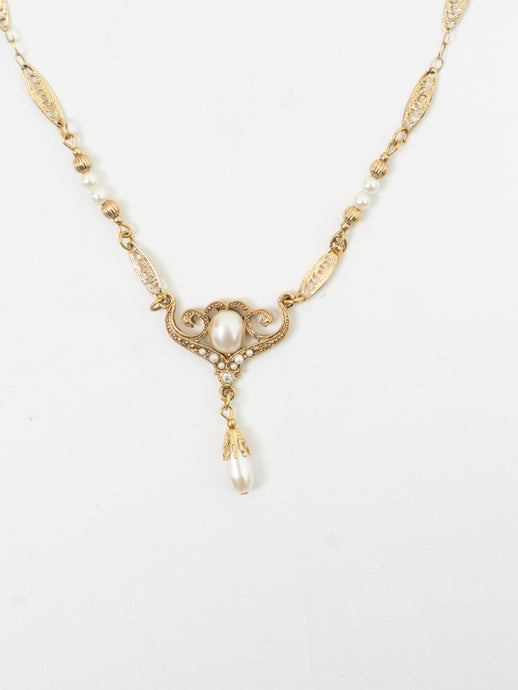 Vintage x 1928 Pearl, Gold-plated Delicated Drop Necklace