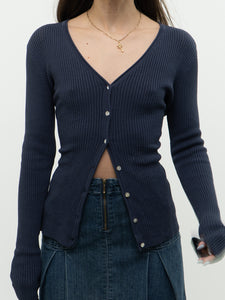 Vintage x Dark Ash Blue Ribbed Cardigan (S, M)