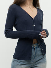 Load image into Gallery viewer, Vintage x Dark Ash Blue Ribbed Cardigan (S, M)