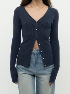 Vintage x Dark Ash Blue Ribbed Cardigan (S, M)