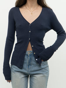 Vintage x Dark Ash Blue Ribbed Cardigan (S, M)