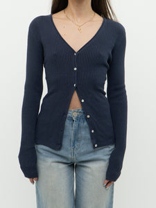 Vintage x Dark Ash Blue Ribbed Cardigan (S, M)