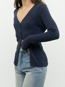 Vintage x Dark Ash Blue Ribbed Cardigan (S, M)