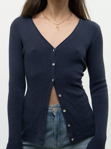 Vintage x Dark Ash Blue Ribbed Cardigan (S, M)