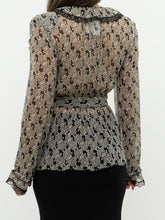 Load image into Gallery viewer, ANNA SUI x Made in USA x Black &amp; Cream Silk Ruffled Top (6)