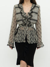 Load image into Gallery viewer, ANNA SUI x Made in USA x Black &amp; Cream Silk Ruffled Top (6)