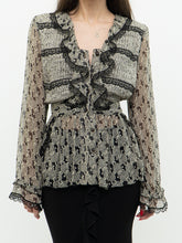 Load image into Gallery viewer, ANNA SUI x Made in USA x Black &amp; Cream Silk Ruffled Top (6)