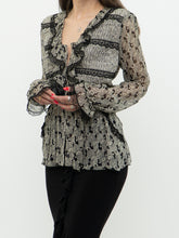 Load image into Gallery viewer, ANNA SUI x Made in USA x Black &amp; Cream Silk Ruffled Top (6)