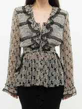 Load image into Gallery viewer, ANNA SUI x Made in USA x Black &amp; Cream Silk Ruffled Top (6)