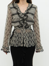 Load image into Gallery viewer, ANNA SUI x Made in USA x Black &amp; Cream Silk Ruffled Top (6)