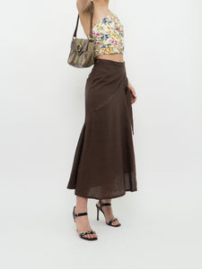 Vintage x Made in Turkey x Brown Linen Midi Skirt (XS, S)