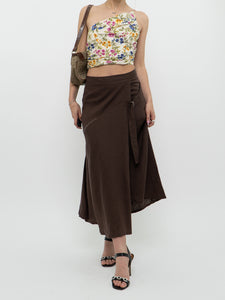 Vintage x Made in Turkey x Brown Linen Midi Skirt (XS, S)