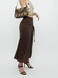 Vintage x Made in Turkey x Brown Linen Midi Skirt (XS, S)