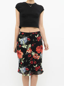 Vintage x Made in Canada x LOUBEN Black Floral Midi Skirt (XS, S)